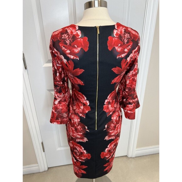 Calvin Klein womens Red Floral Black Bell Sleeve knee length Sheath Dress size 4 - Picture 11 of 11